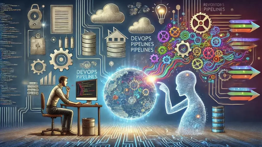 Programmer at a desk coding, with a glowing globe and colorful gears representing DevOps pipelines.